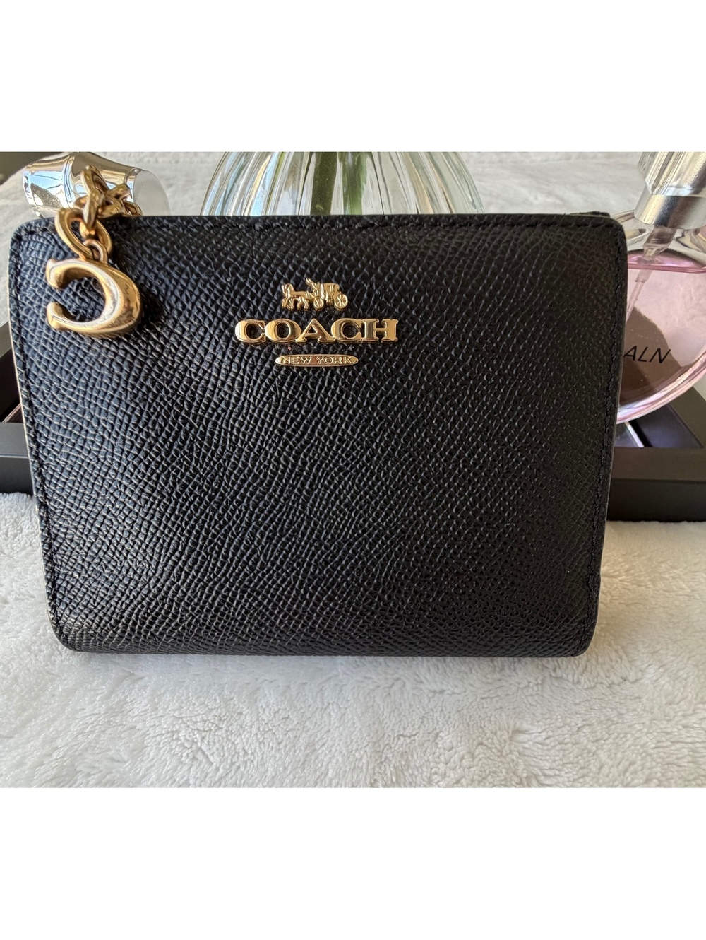 Coach Black Textured Leather Small Wallet with Gold Hardware and Zip Closure
